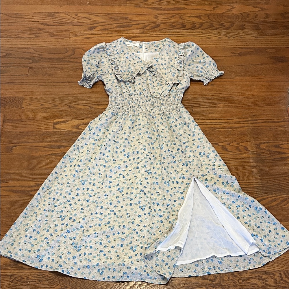 Light Blue Floral Midi Dress with Smocked Waist